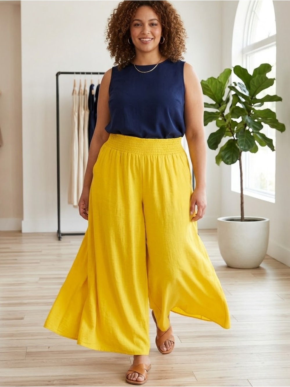 SHEIN Bright Yellow Wide-Leg Elastic Waist Pants